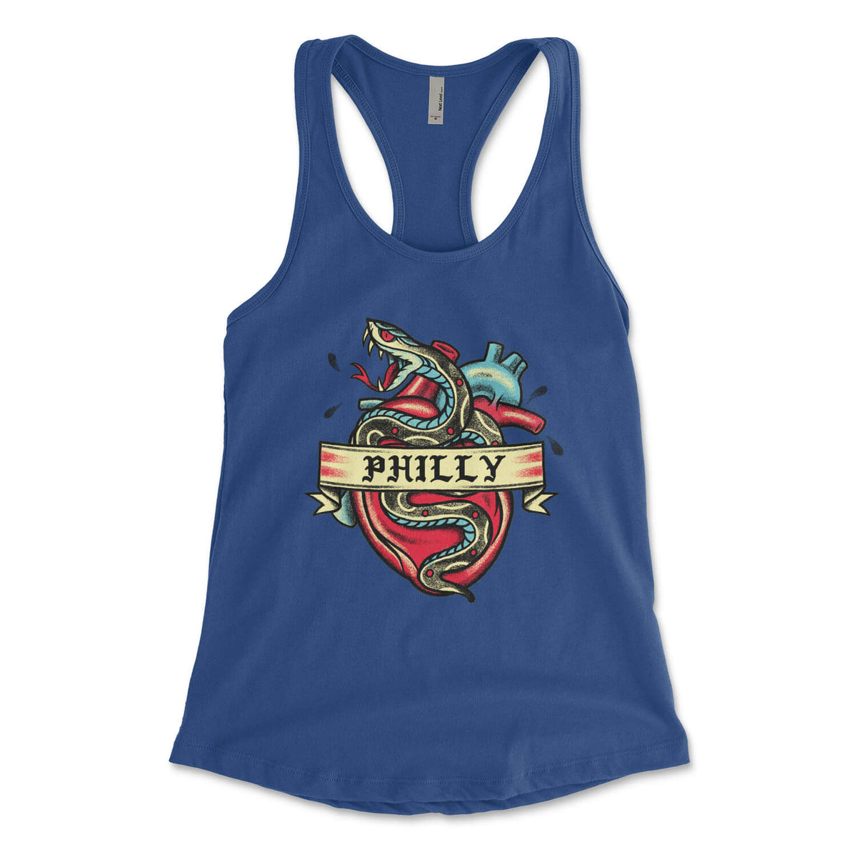 Philadelphia Philly snake tattoo on a royal blue womens racerback tank top from Phillygoat