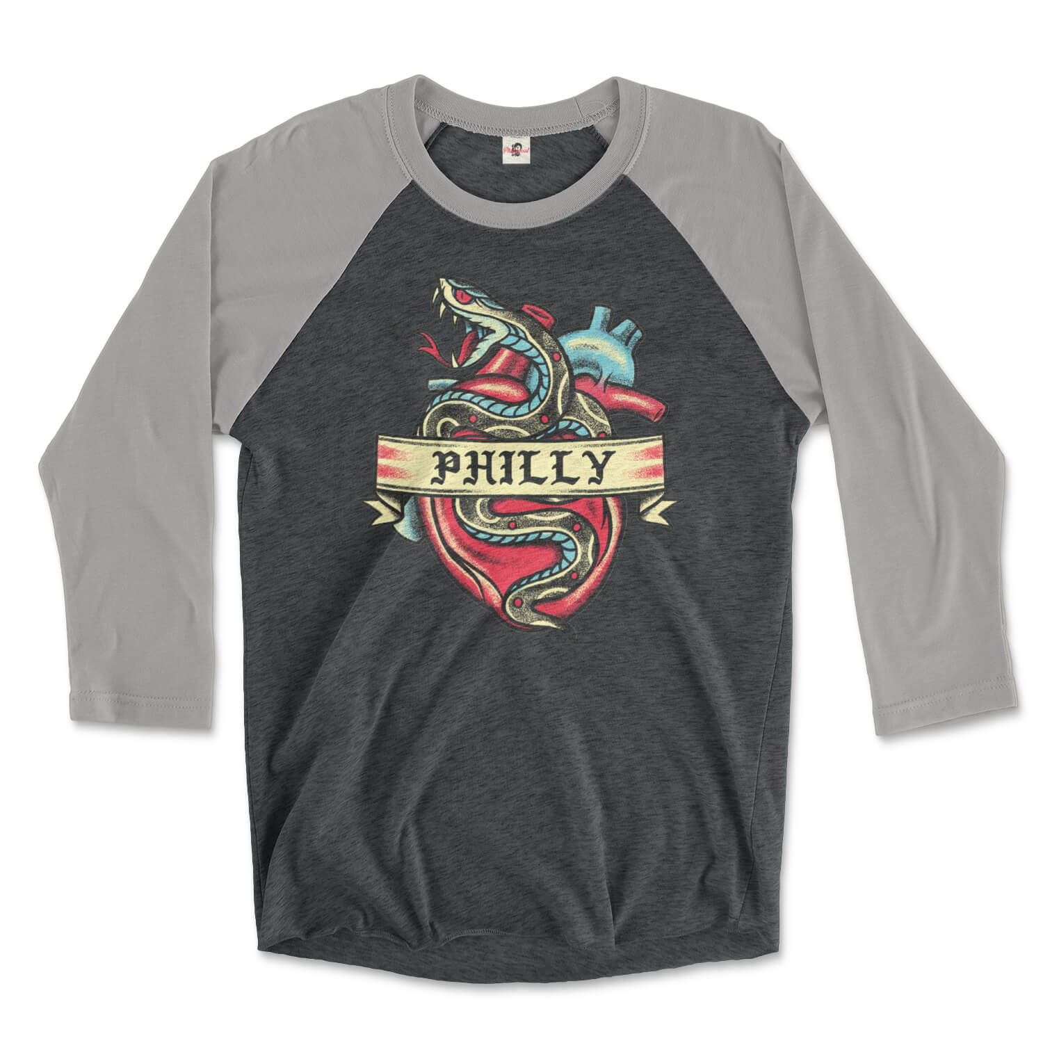 Philadelphia Philly snake and heart tattoo on a vintage black and premium heather grey triblend raglan tee from Phillygoat