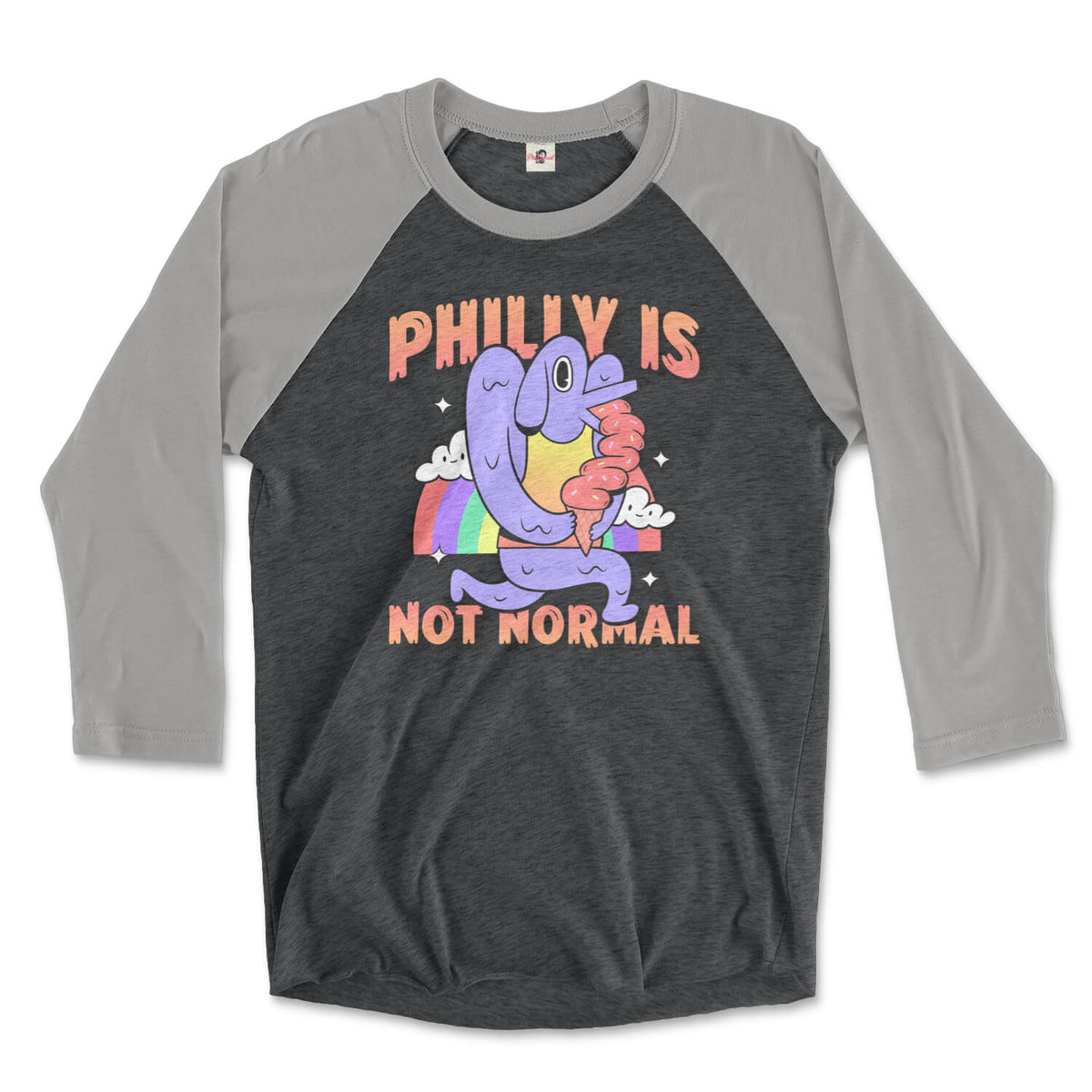 Philadelphia philly is not normal weird dog ice cream rainbow design on a vintage black and premium heather grey triblend raglan tee from Phillygoat