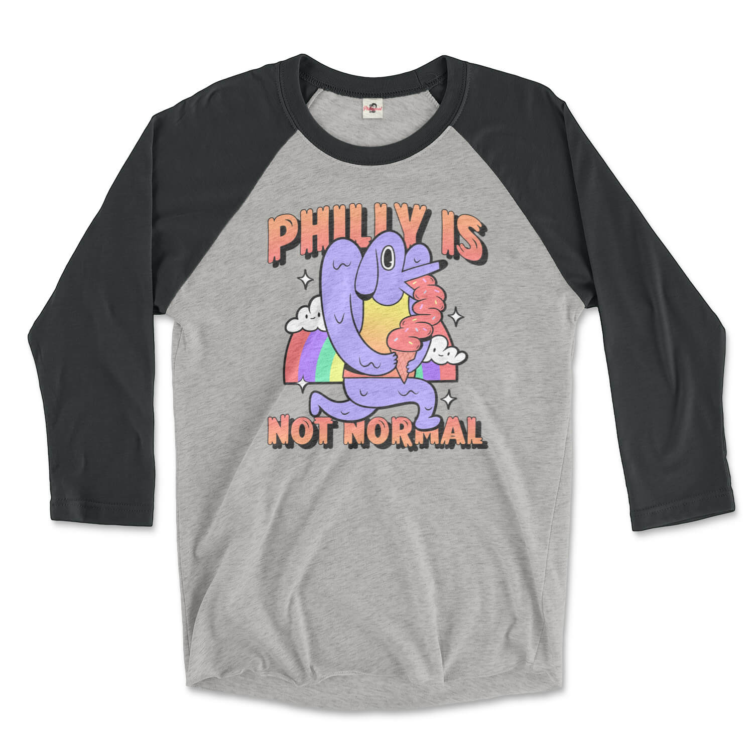 Philadelphia philly is not normal weird dog ice cream rainbow design on a vintage black and premium heather grey triblend raglan tee from Phillygoat