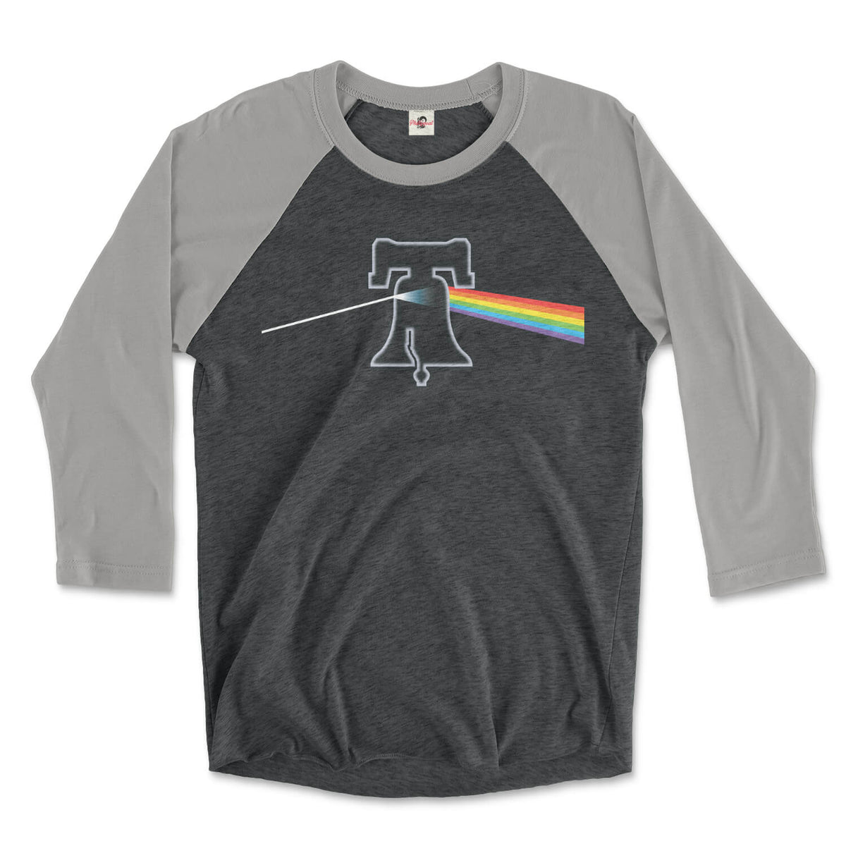 pink floyd philadelphia with liberty bell in dark side of the moon rainbow prism design on a premium heather grey and vintage black 3/4 long sleeve raglan tee from phillygoat