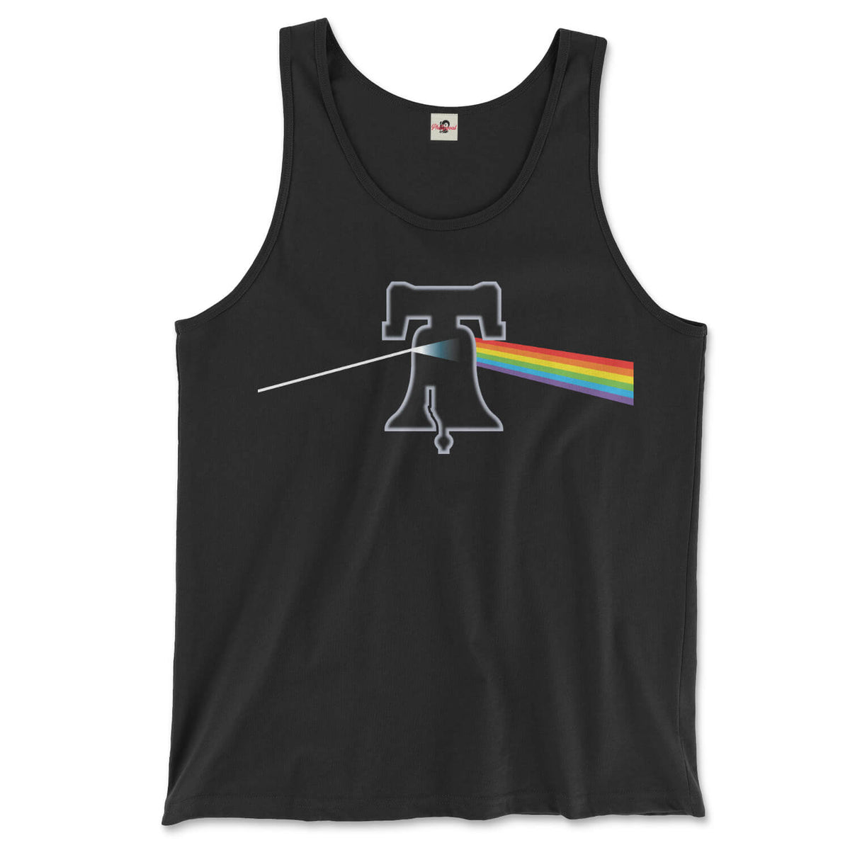 pink floyd philadelphia black phillygoat tank top with liberty bell in dark side of the moon rainbow prism design