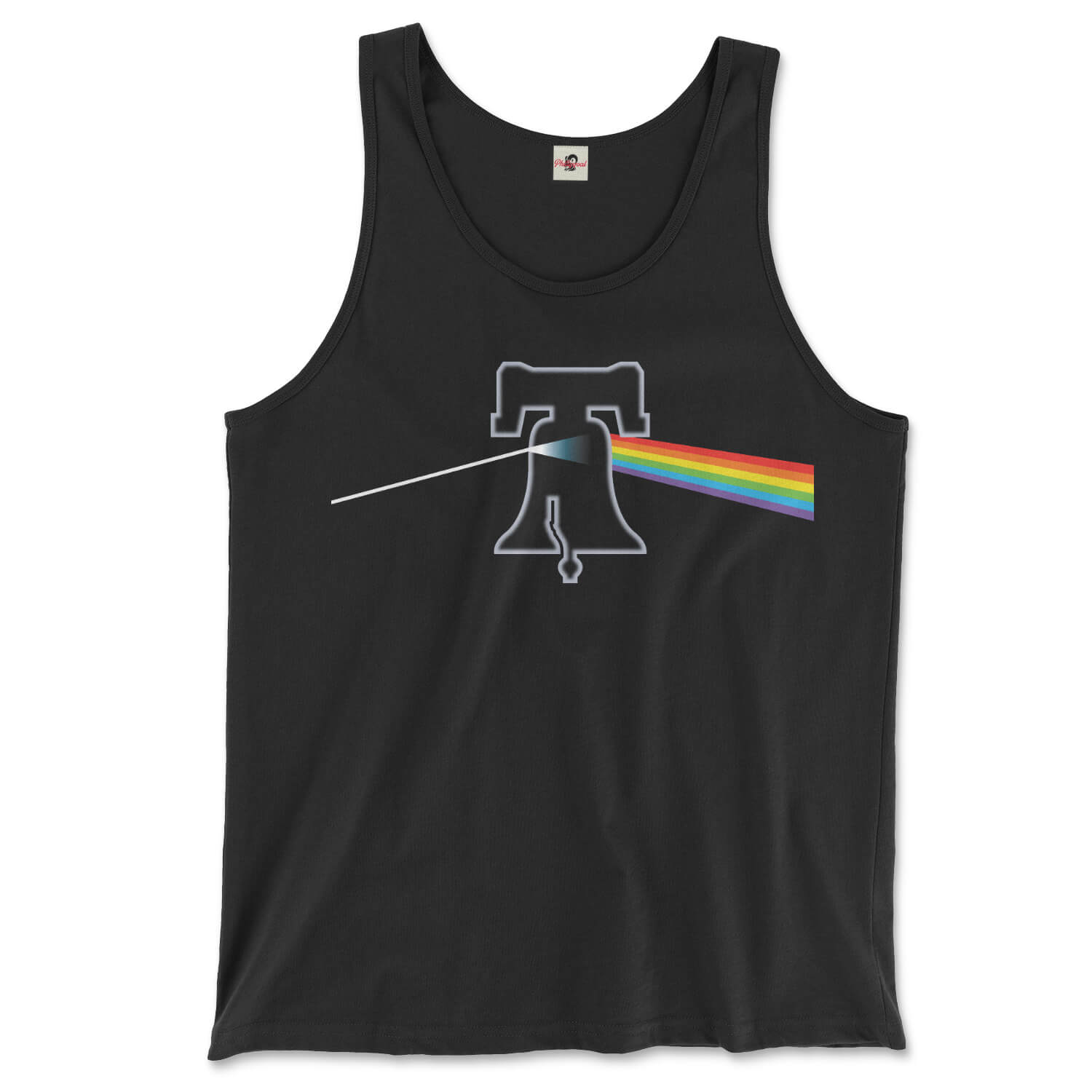 pink floyd philadelphia black phillygoat tank top with liberty bell in dark side of the moon rainbow prism design