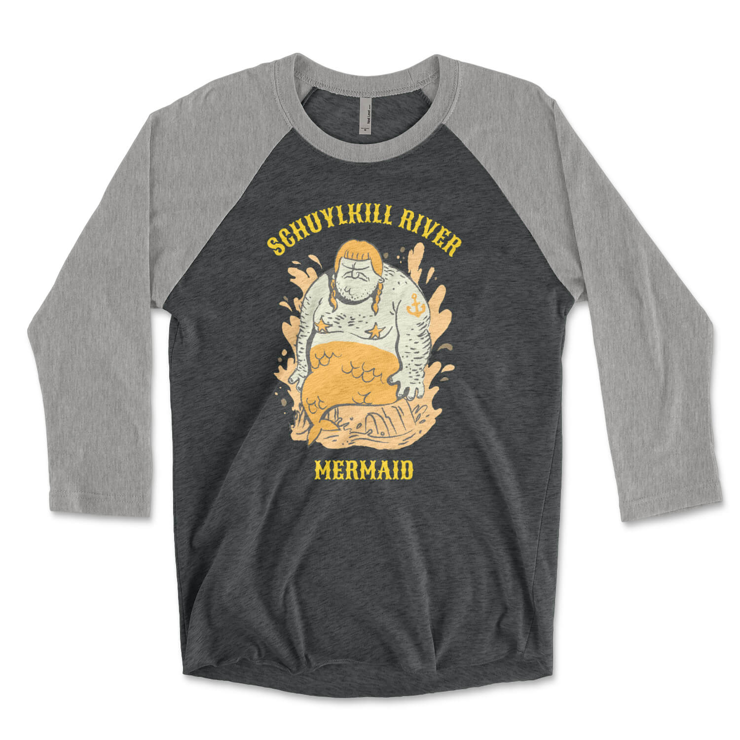 Schuylkill River Mermaid funny Philadelphia heather grey and vintage black raglan tee shirt from Phillygoat