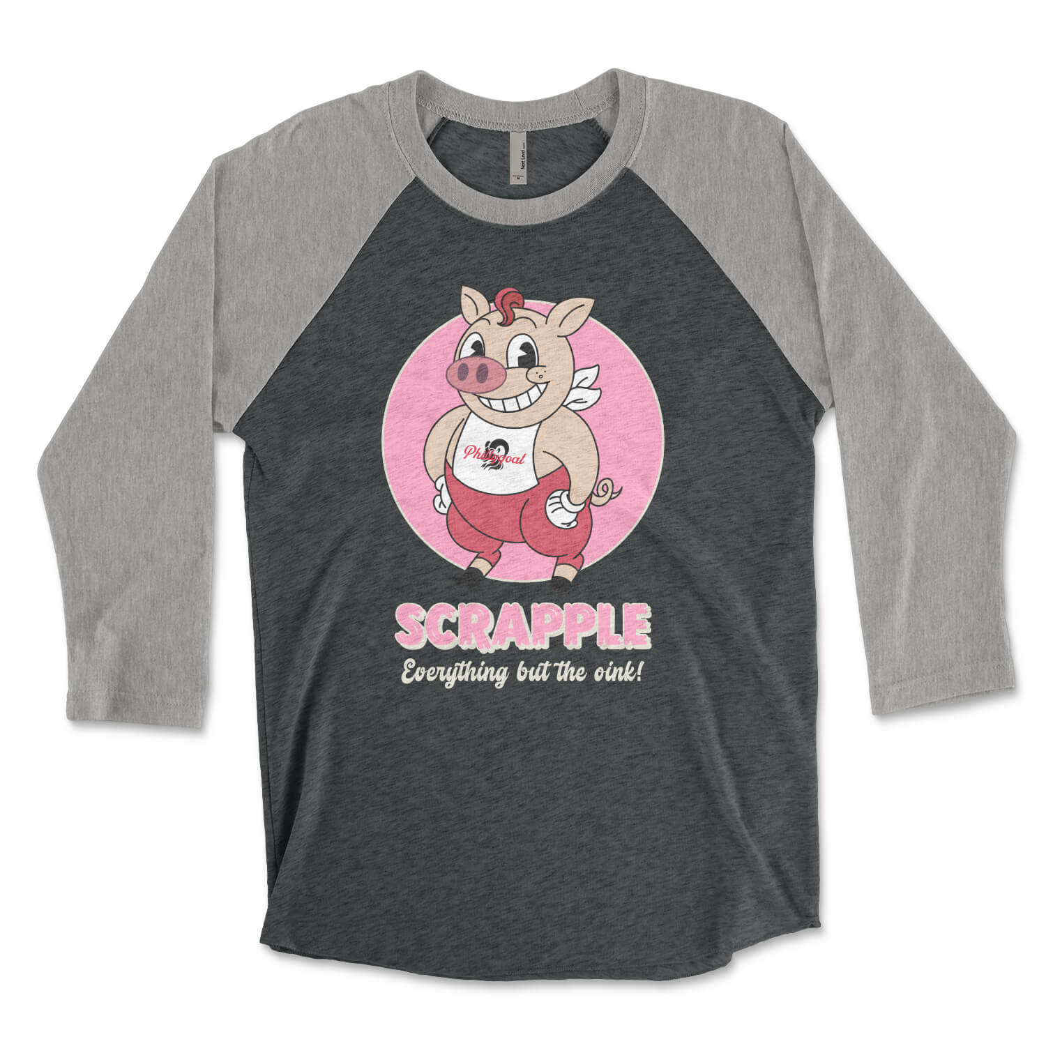 Philadelphia scrapple cartoon pig on a heather grey and vintage black triblend raglan t-shirt from Phillygoat