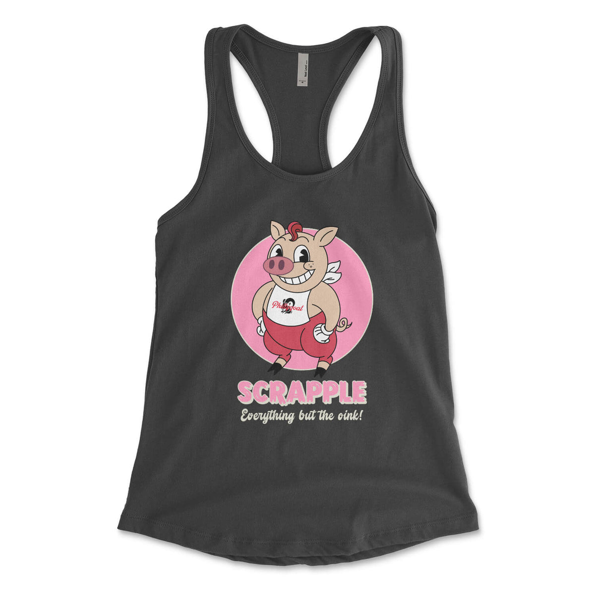Philadelphia scrapple cartoon pig on a black womens racerback tank top from Phillygoat