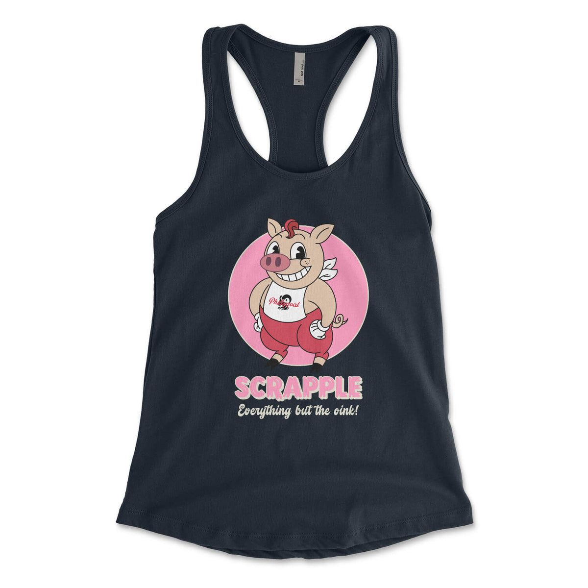 Philadelphia scrapple cartoon pig on a navy blue womens racerback tank top from Phillygoat