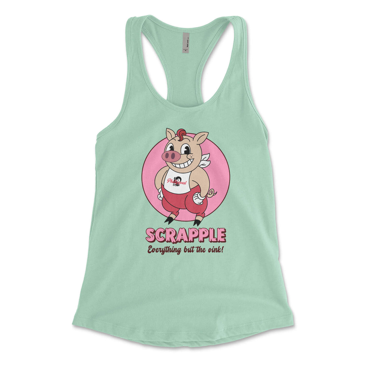 Philadelphia scrapple cartoon pig on a mint green womens racerback tank top from Phillygoat