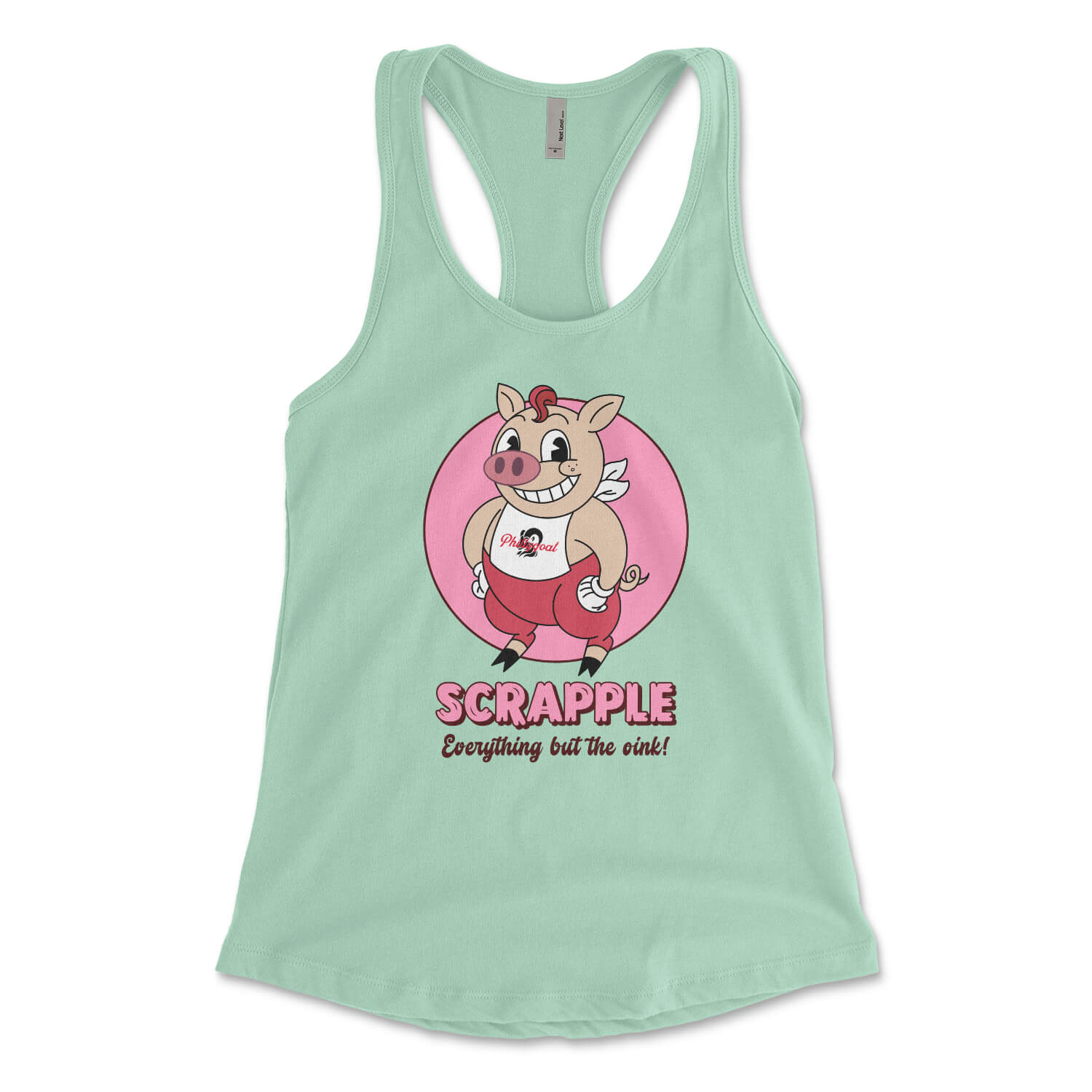 Philadelphia scrapple cartoon pig on a mint green womens racerback tank top from Phillygoat