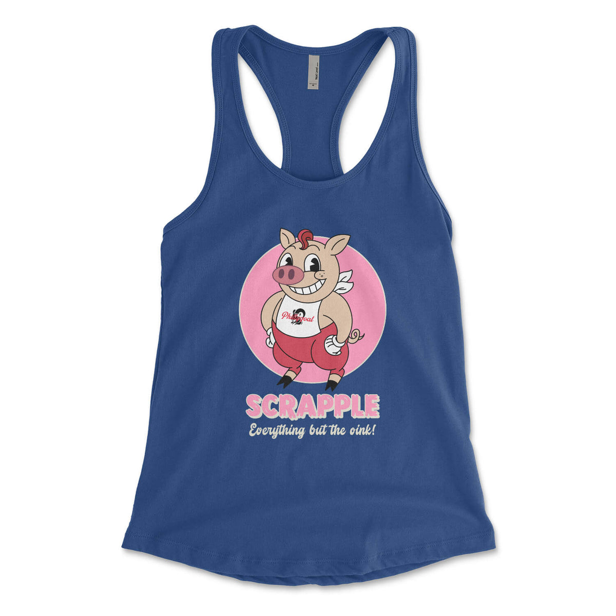 Philadelphia scrapple cartoon pig on a royal blue womens racerback tank top from Phillygoat