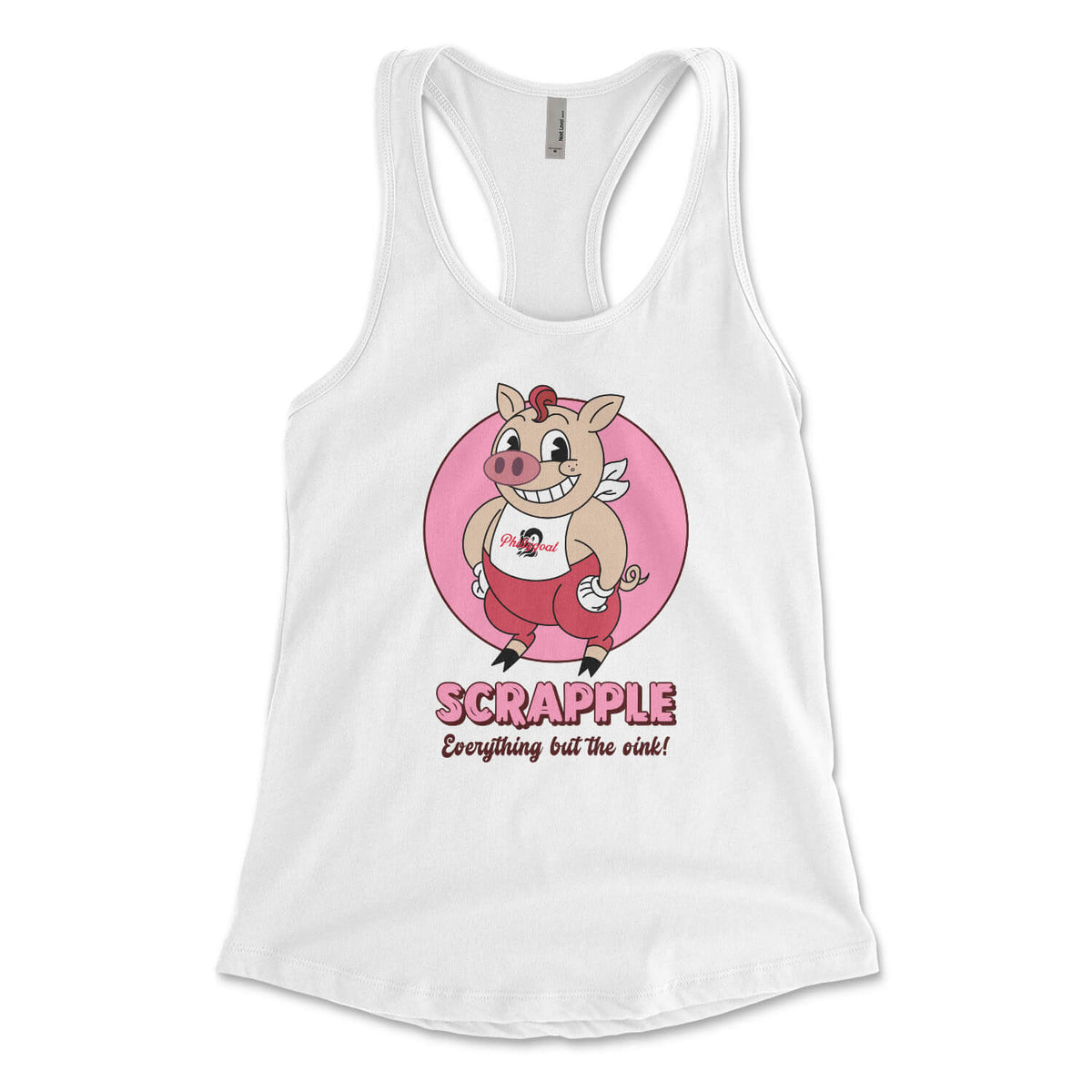 Philadelphia scrapple cartoon pig on a white womens racerback tank top from Phillygoat