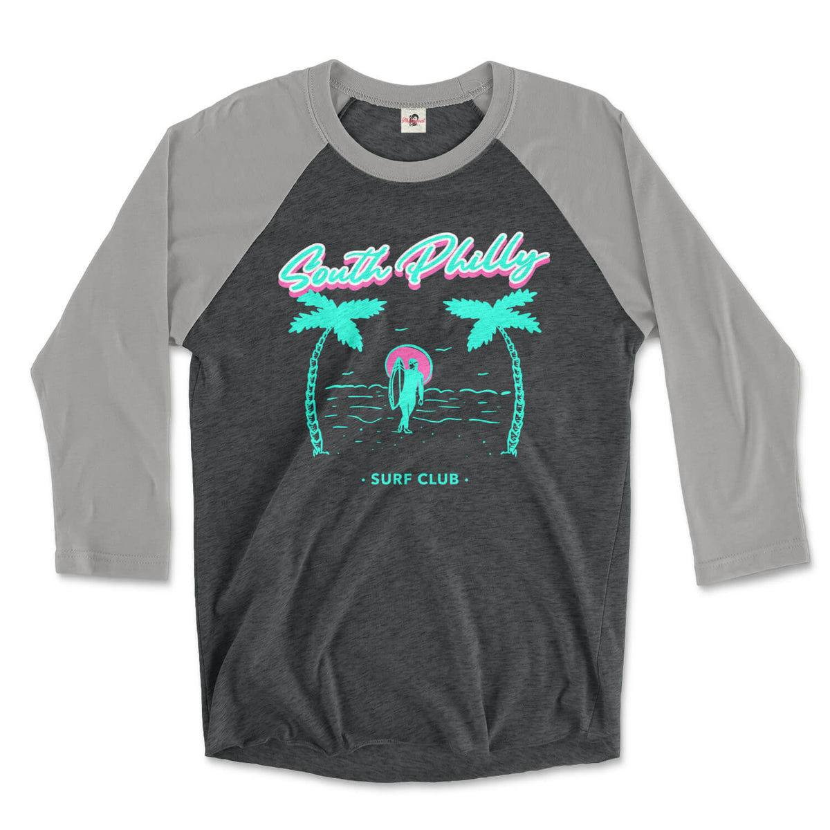 south philadelphia surf philly with design of two palm trees and surfer on beach on a premium heather grey and vintage black 3/4 long sleeve raglan tee from phillygoat 