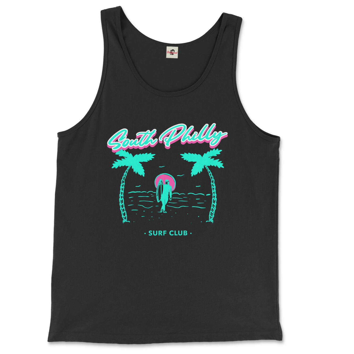 south philadelphia surf philly black phillygoat tank top with design of two palm trees and surfer on beach 