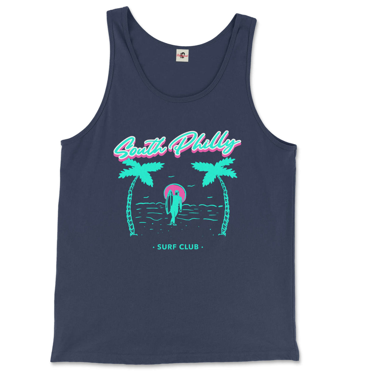south philadelphia surf philly navy blue phillygoat tank top with design of two palm trees and surfer on beach 