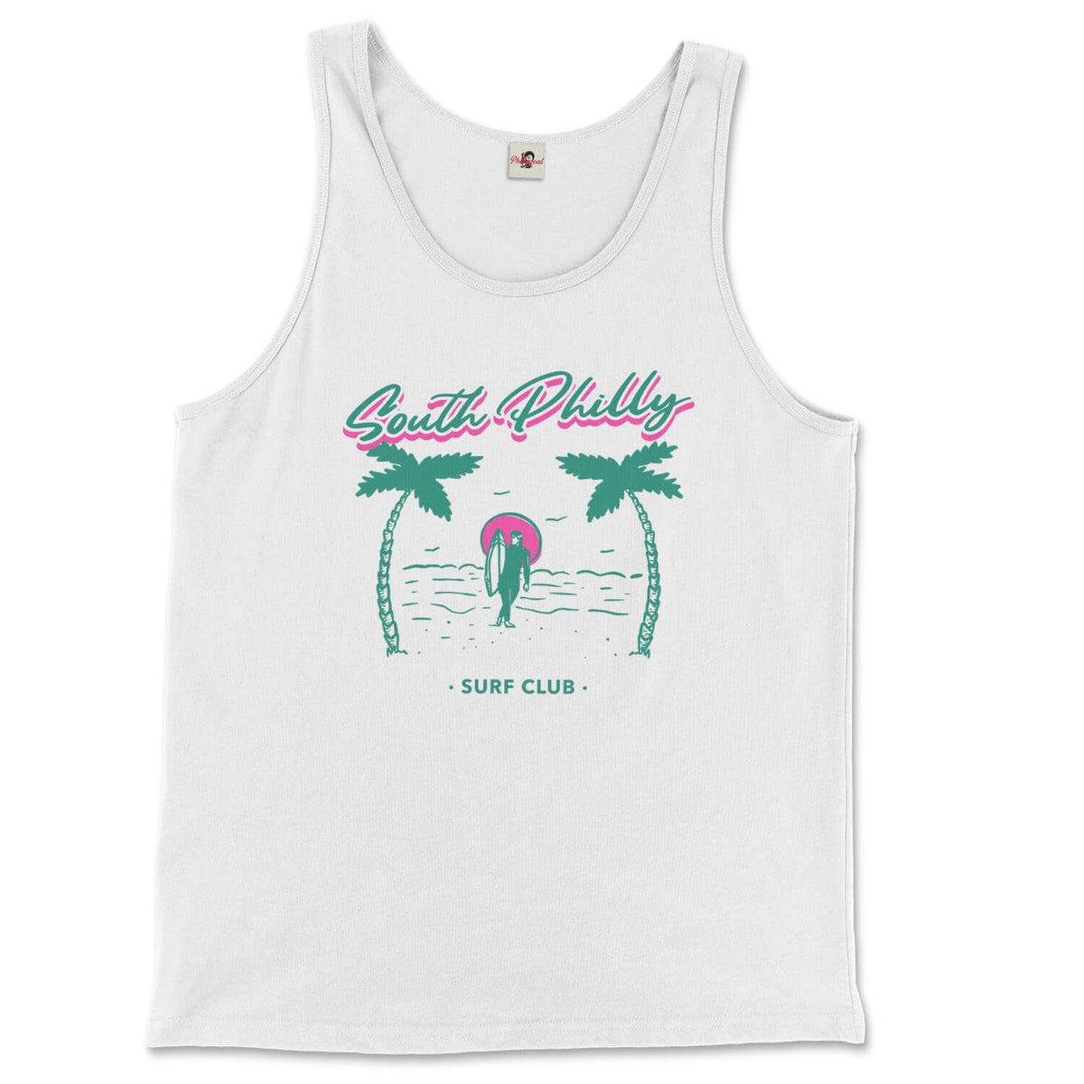 south philadelphia surf philly white phillygoat tank top with design of two palm trees and surfer on beach 