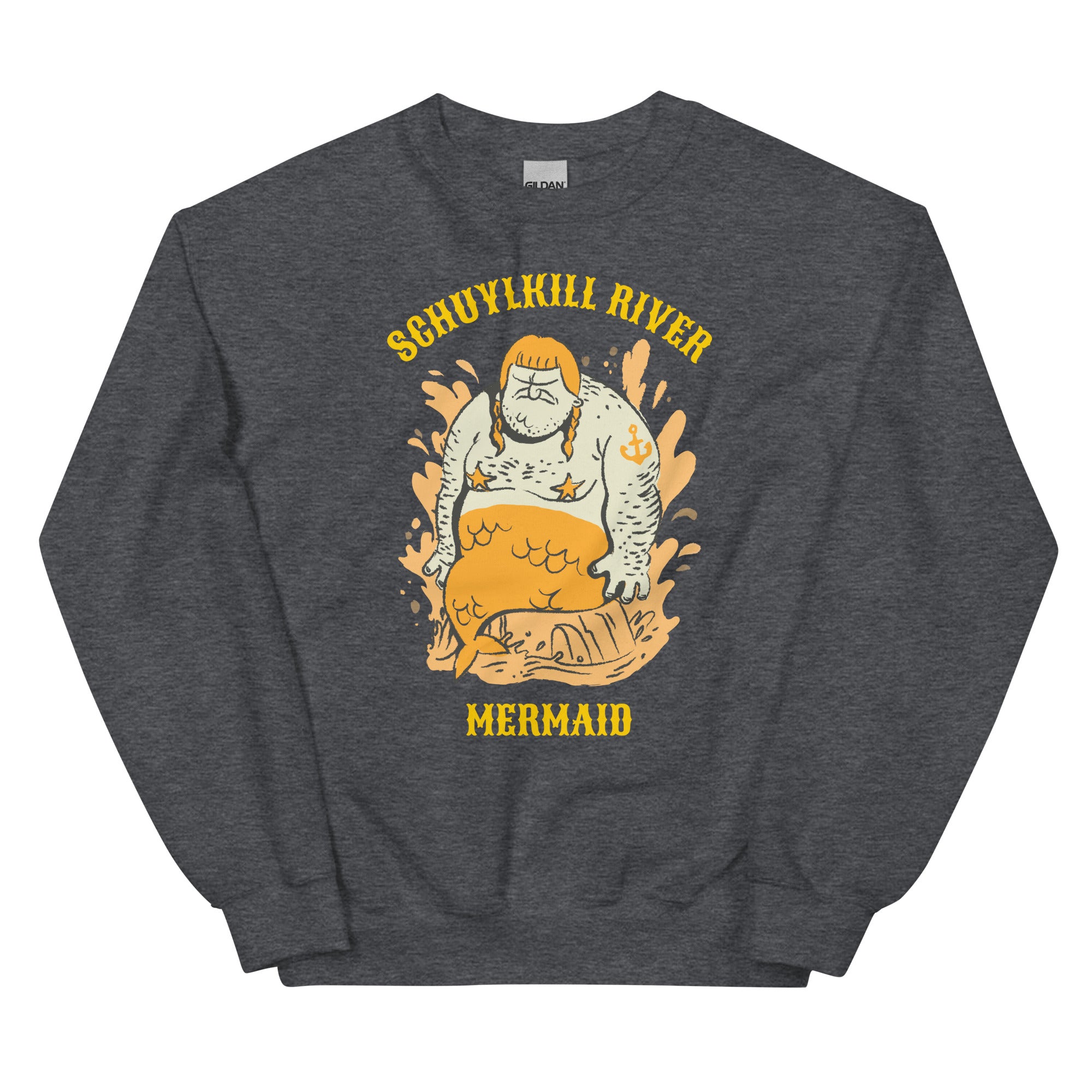 Funny Philadelphia Schuylkill River Mermaid dark heather grey sweatshirt from Phillygoat