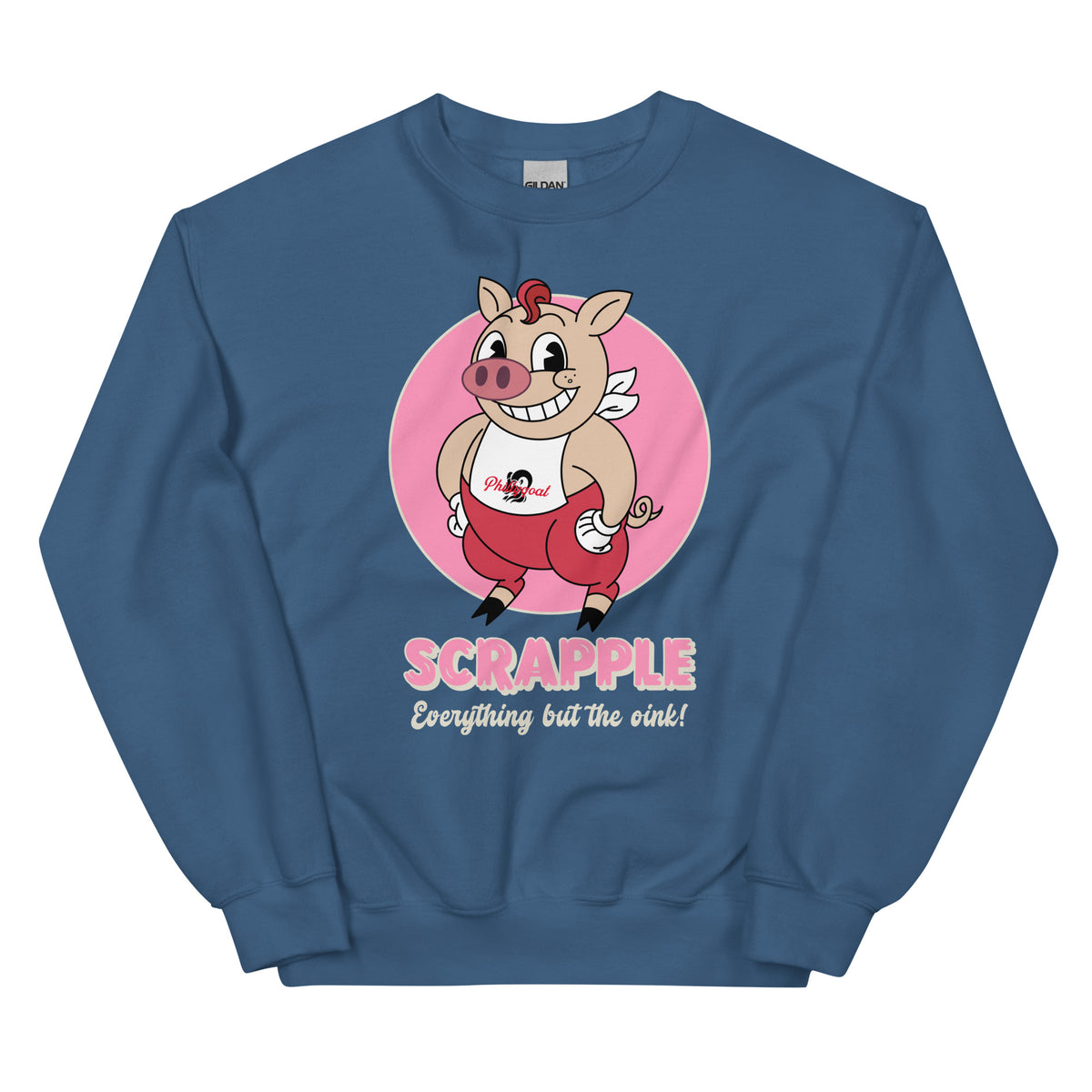 Philadelphia Philly scrapple pig indigo blue sweatshirt Phillygoat