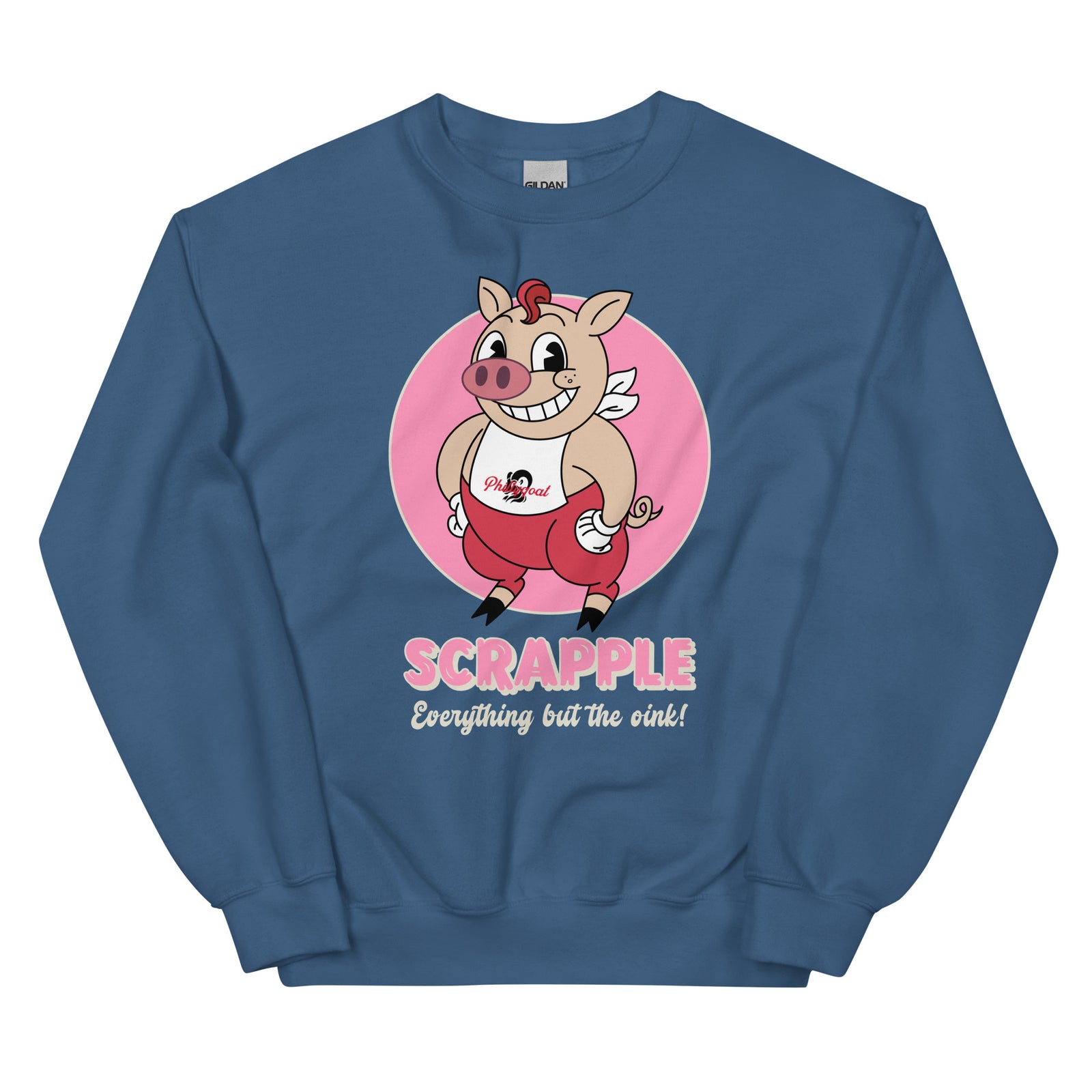 Philadelphia Philly scrapple pig indigo blue sweatshirt Phillygoat