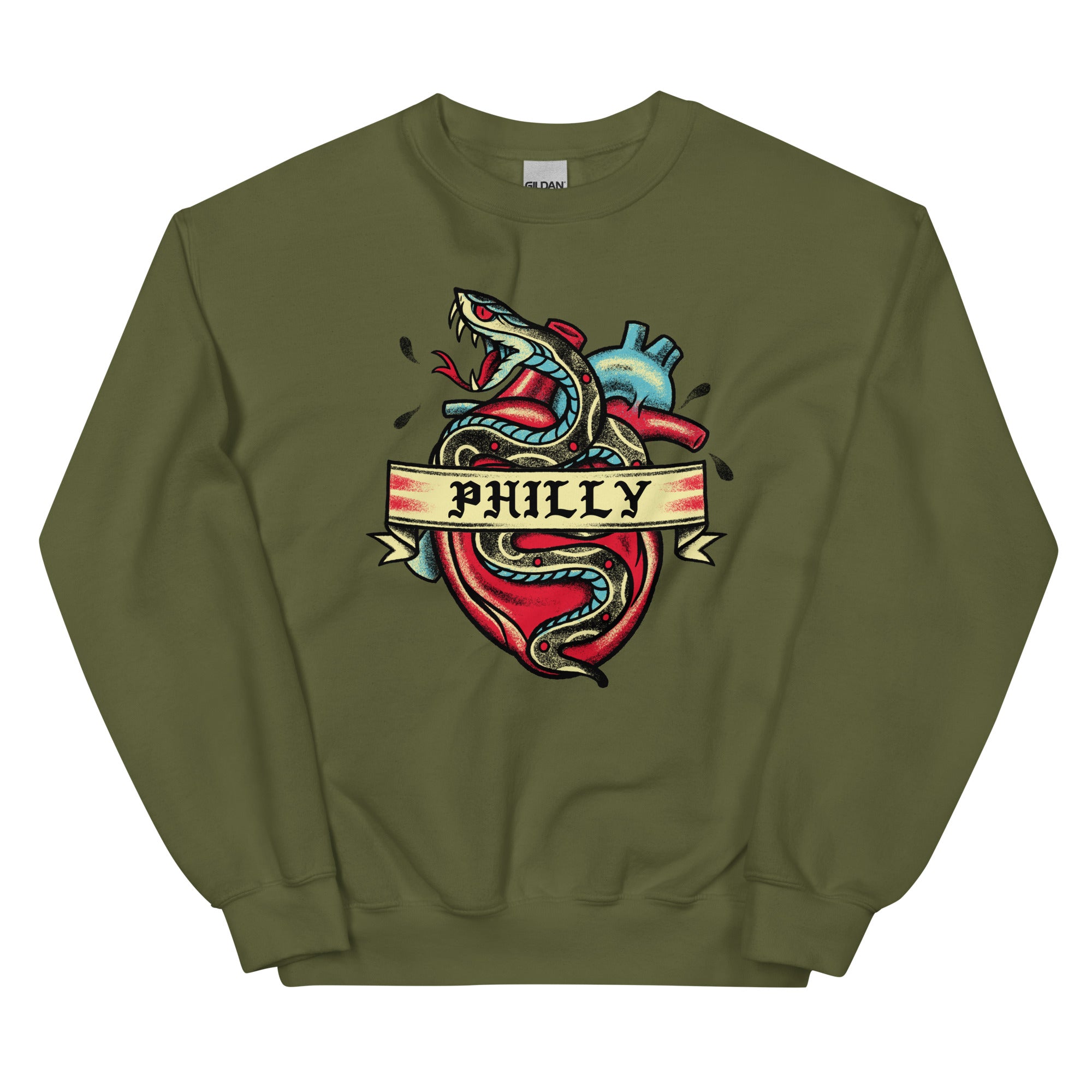 Philly Snake tattoo army green sweatshirt Phillygoat