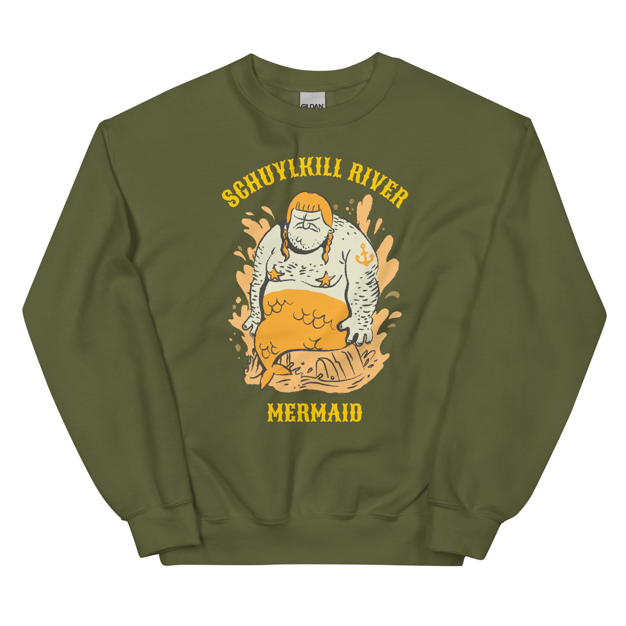 Funny Philadelphia Schuylkill River Mermaid army green sweatshirt from Phillygoat