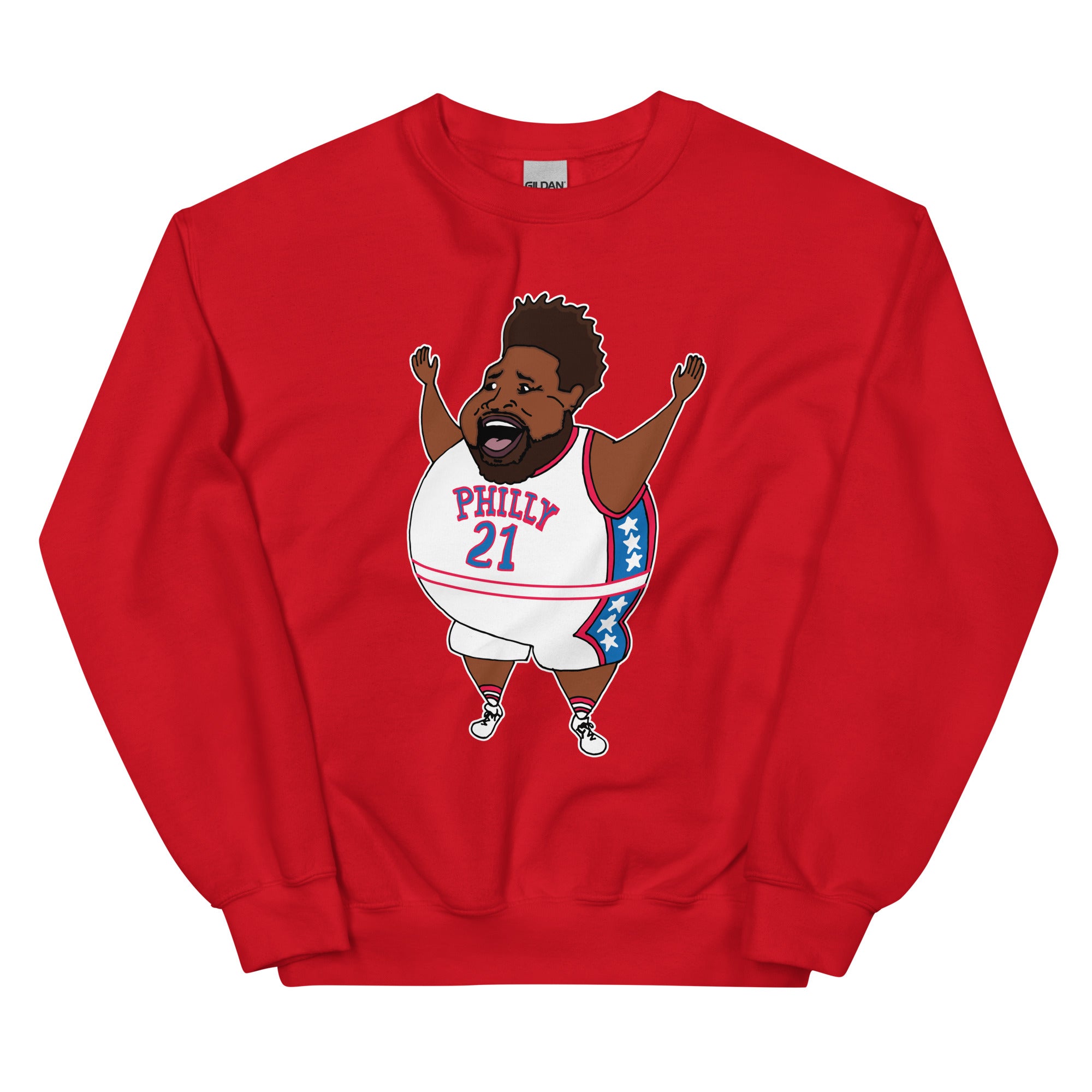 Philadelphia 76ers fat Jole Embiid red sweatshirt Phillygoat