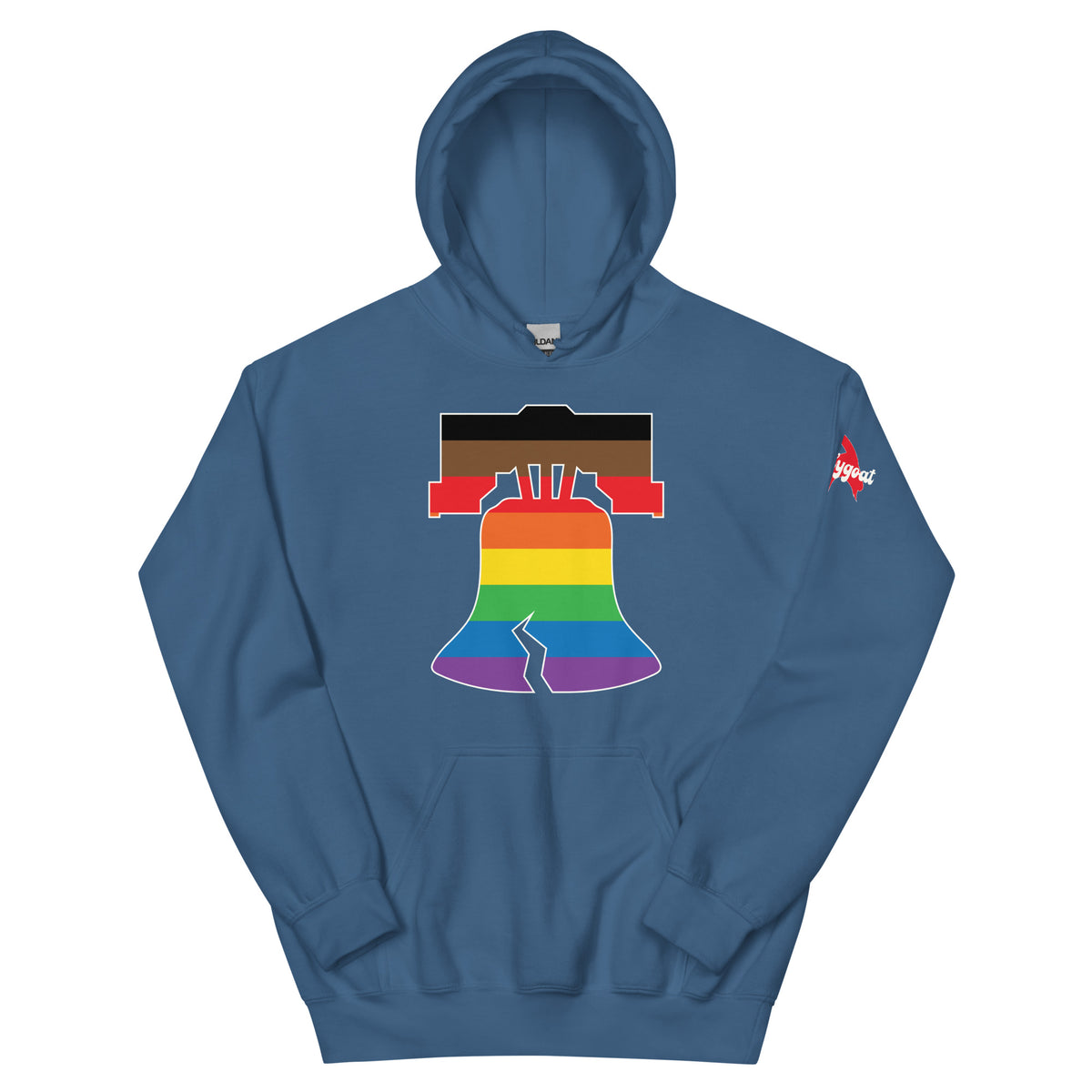 Philly pride Philadelphia LGBTQ+ rainbow liberty bell indigo blue hoodie Phillygoat