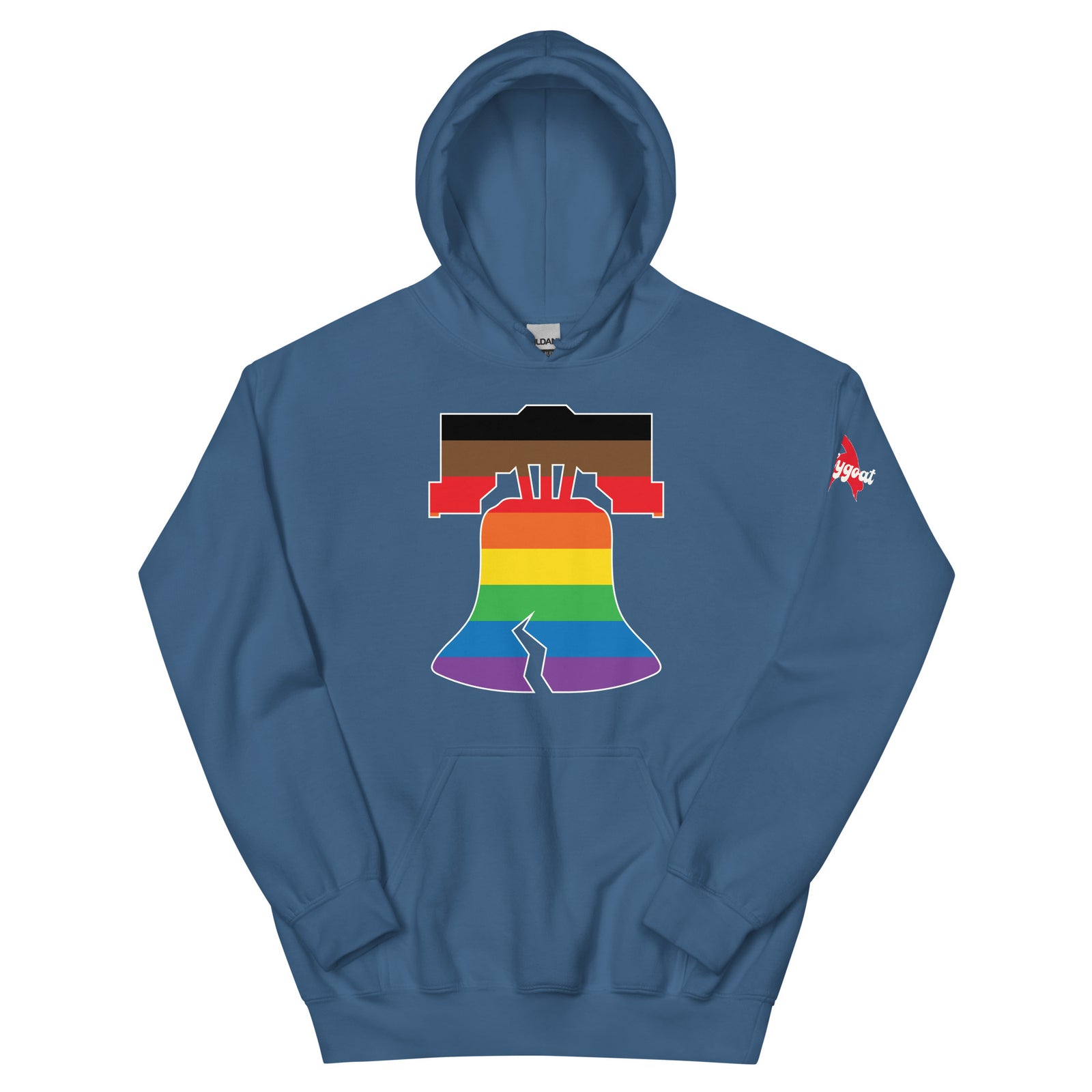 Philly pride Philadelphia LGBTQ+ rainbow liberty bell indigo blue hoodie Phillygoat