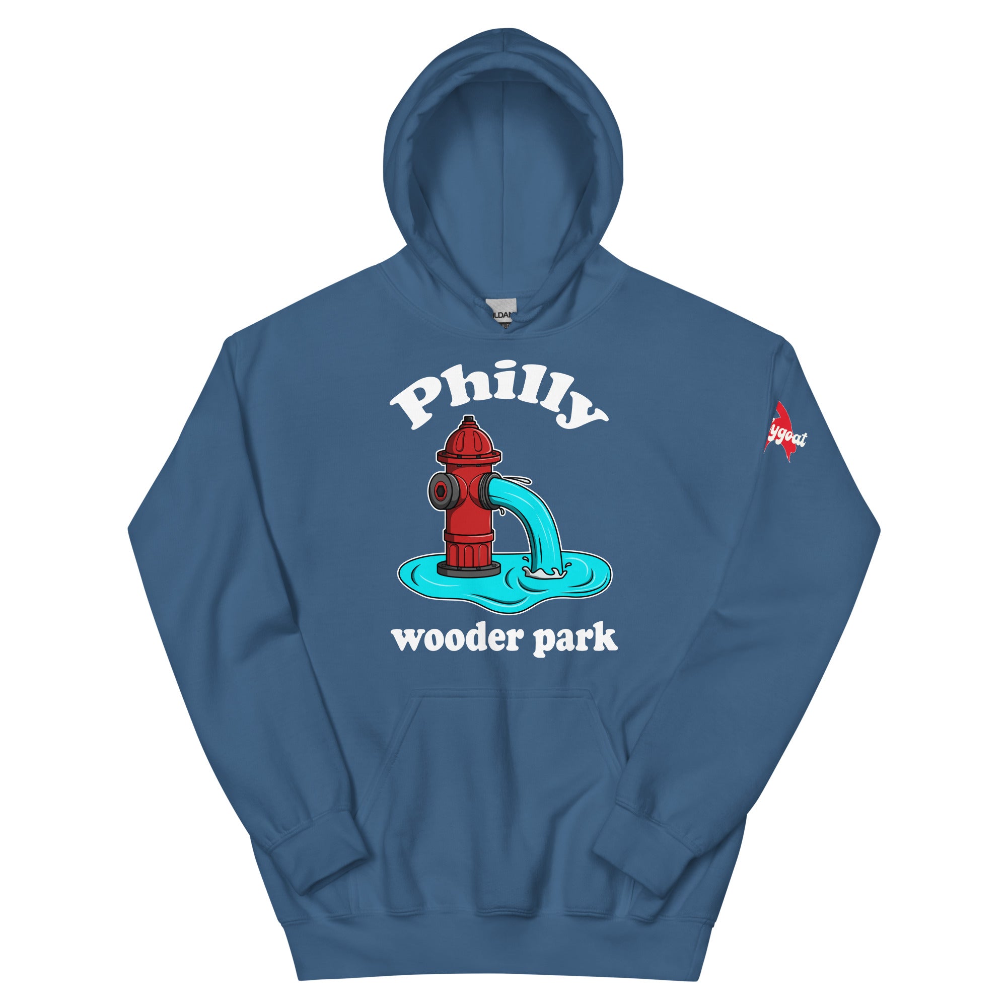 Philadelphia Philly wooder park water park fire hydrant funny indigo blue hoodie from Phillygoat