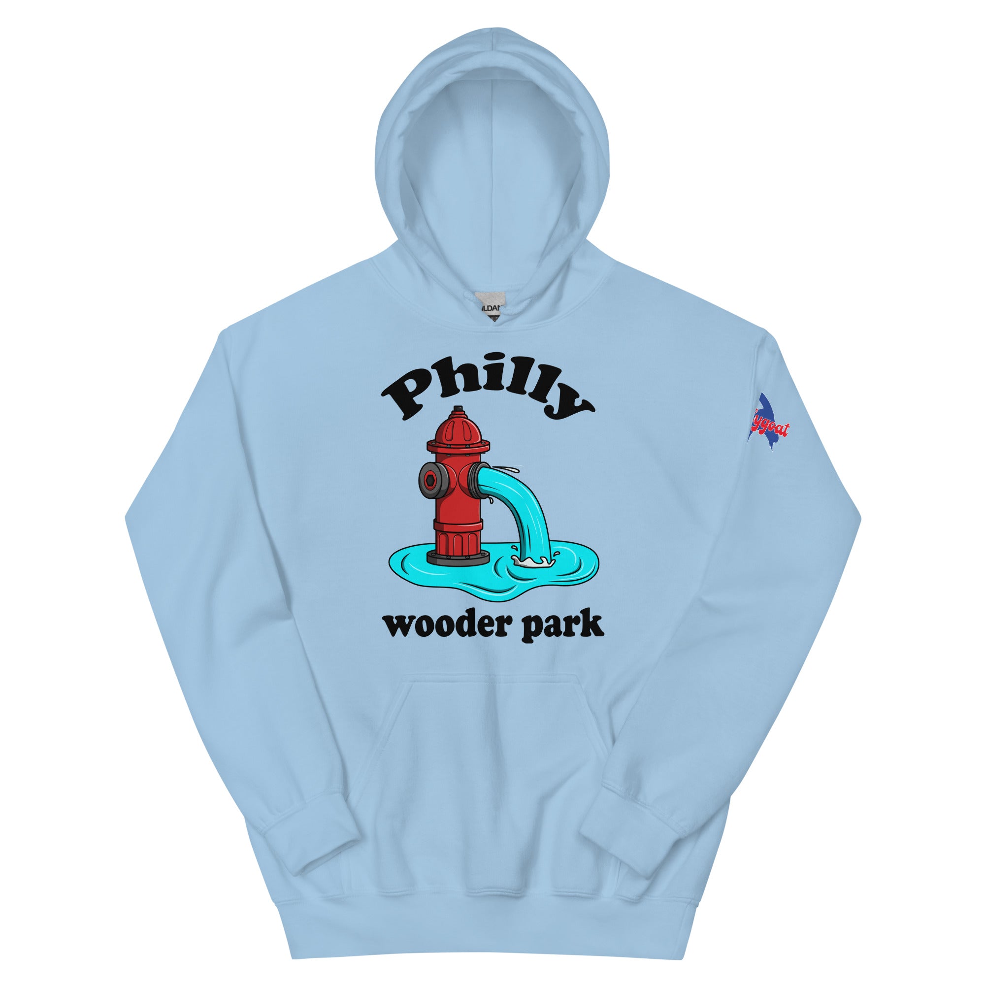 Philadelphia Philly wooder park water park fire hydrant funny light blue hoodie from Phillygoat