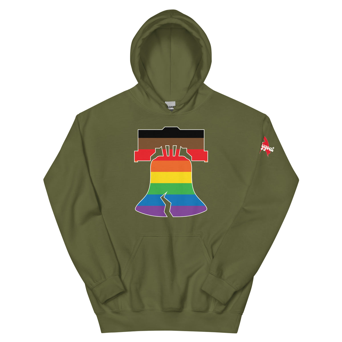 Philly pride Philadelphia LGBTQ+ rainbow liberty bell army green hoodie Phillygoat