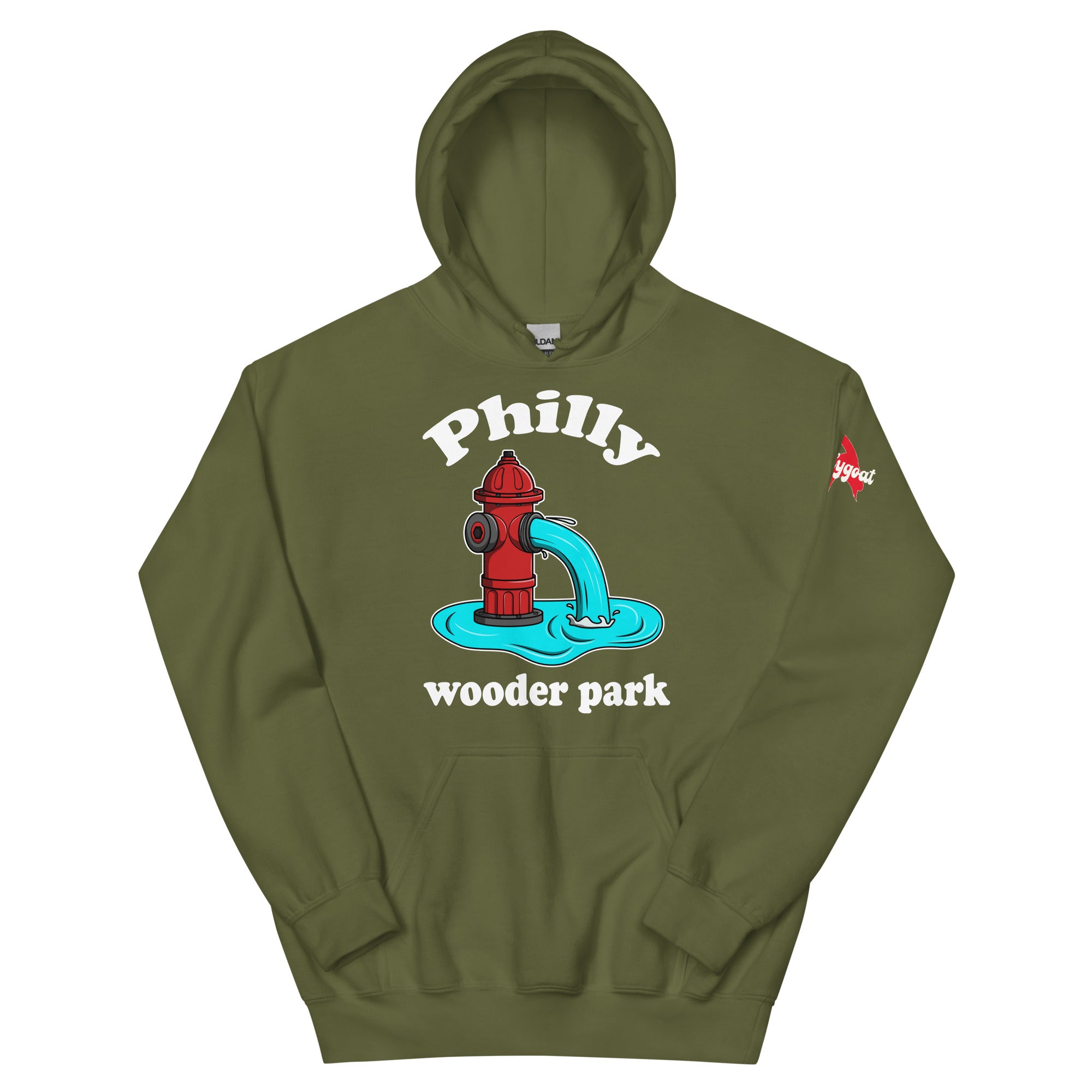 Philadelphia Philly wooder park water park fire hydrant funny army green hoodie from Phillygoat
