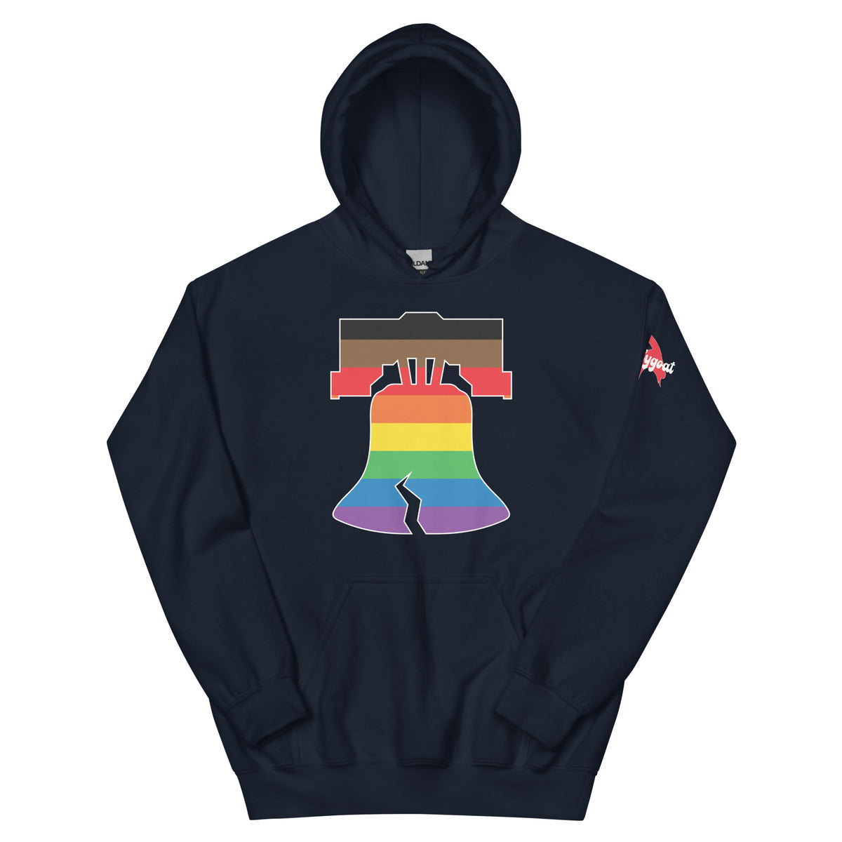 Philly pride Philadelphia LGBTQ+ rainbow liberty bell navy blue hoodie Phillygoat