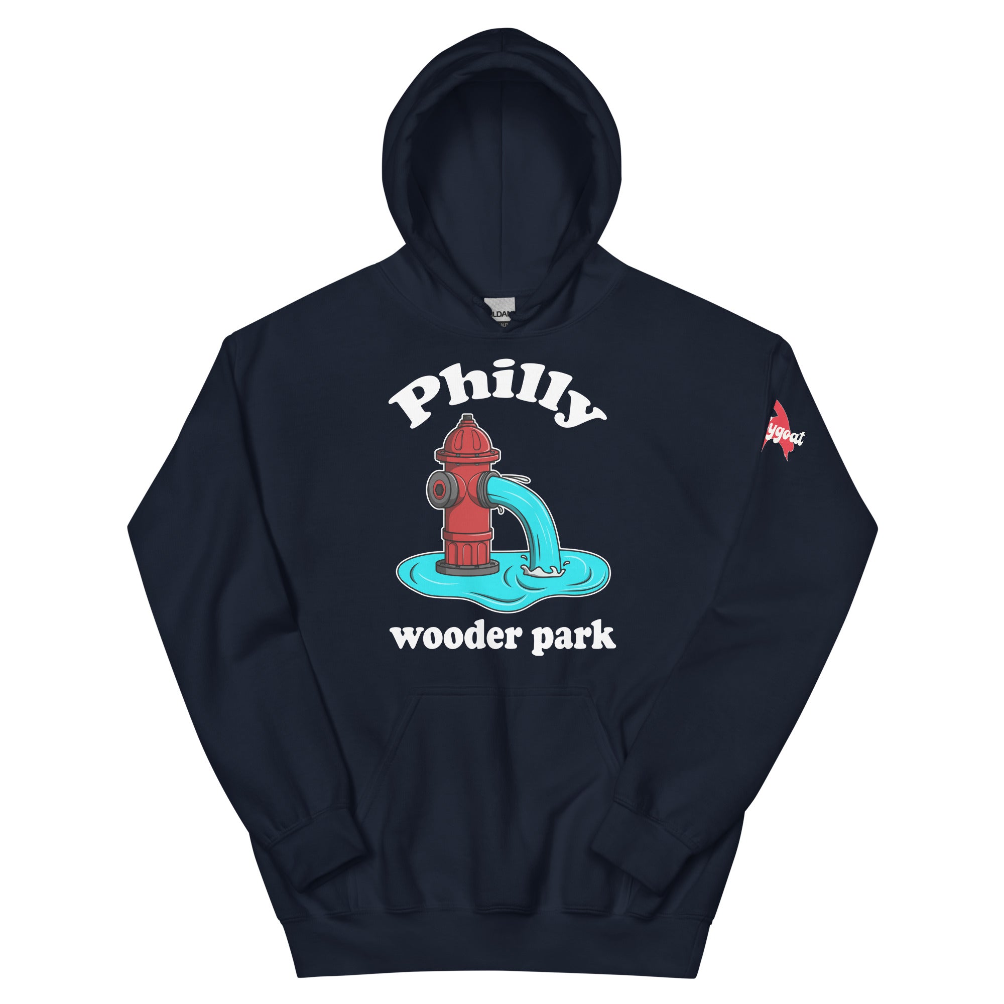 Philadelphia Philly wooder park water park fire hydrant funny navy blue hoodie from Phillygoat