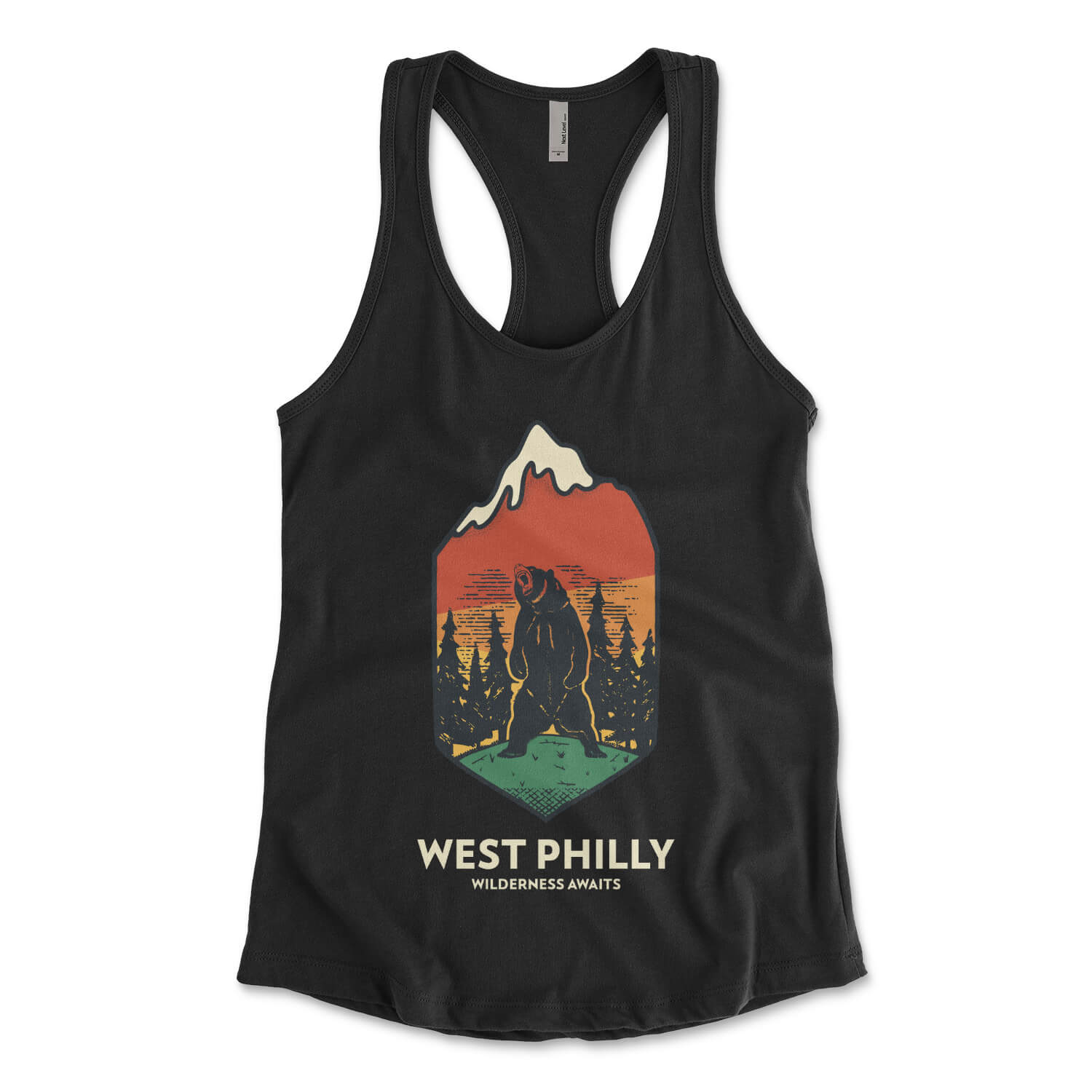West Philadelphia wilderness awaits bear in the west philly wild on a womens black racerback tank top from Phillygoat