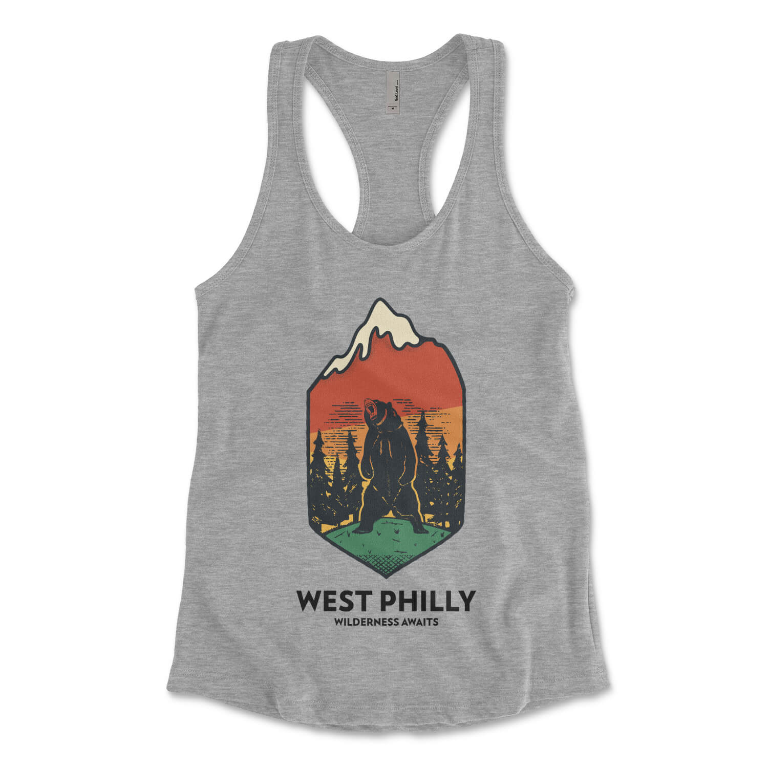 West Philadelphia wilderness awaits bear in the west philly wild on a womens heather grey racerback tank top from Phillygoat
