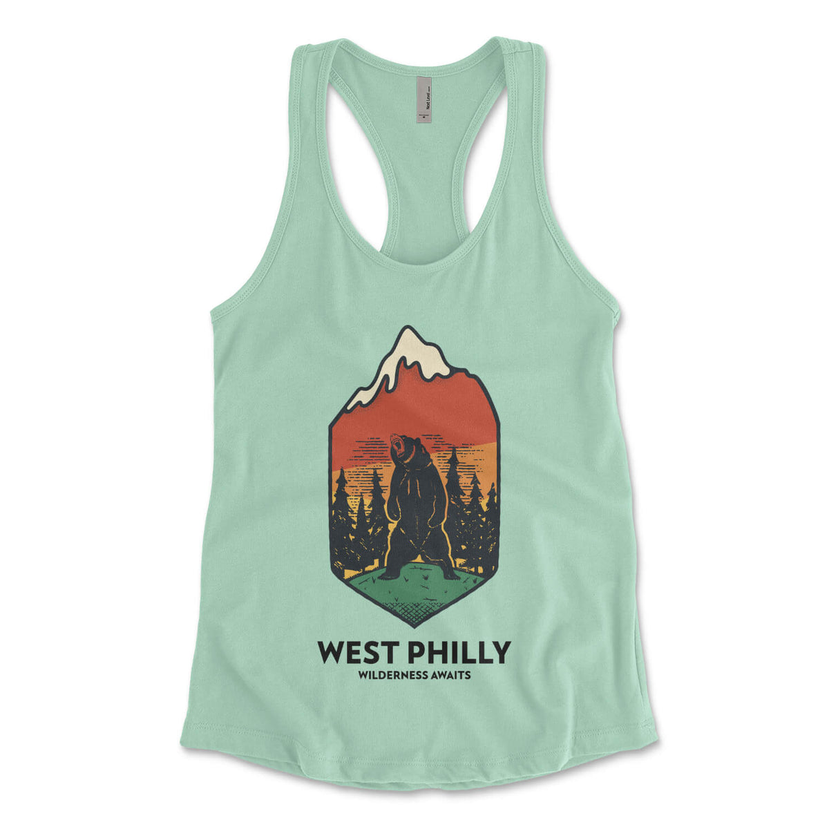 West Philadelphia wilderness awaits bear in the west philly wild on a womens mint green racerback tank top from Phillygoat