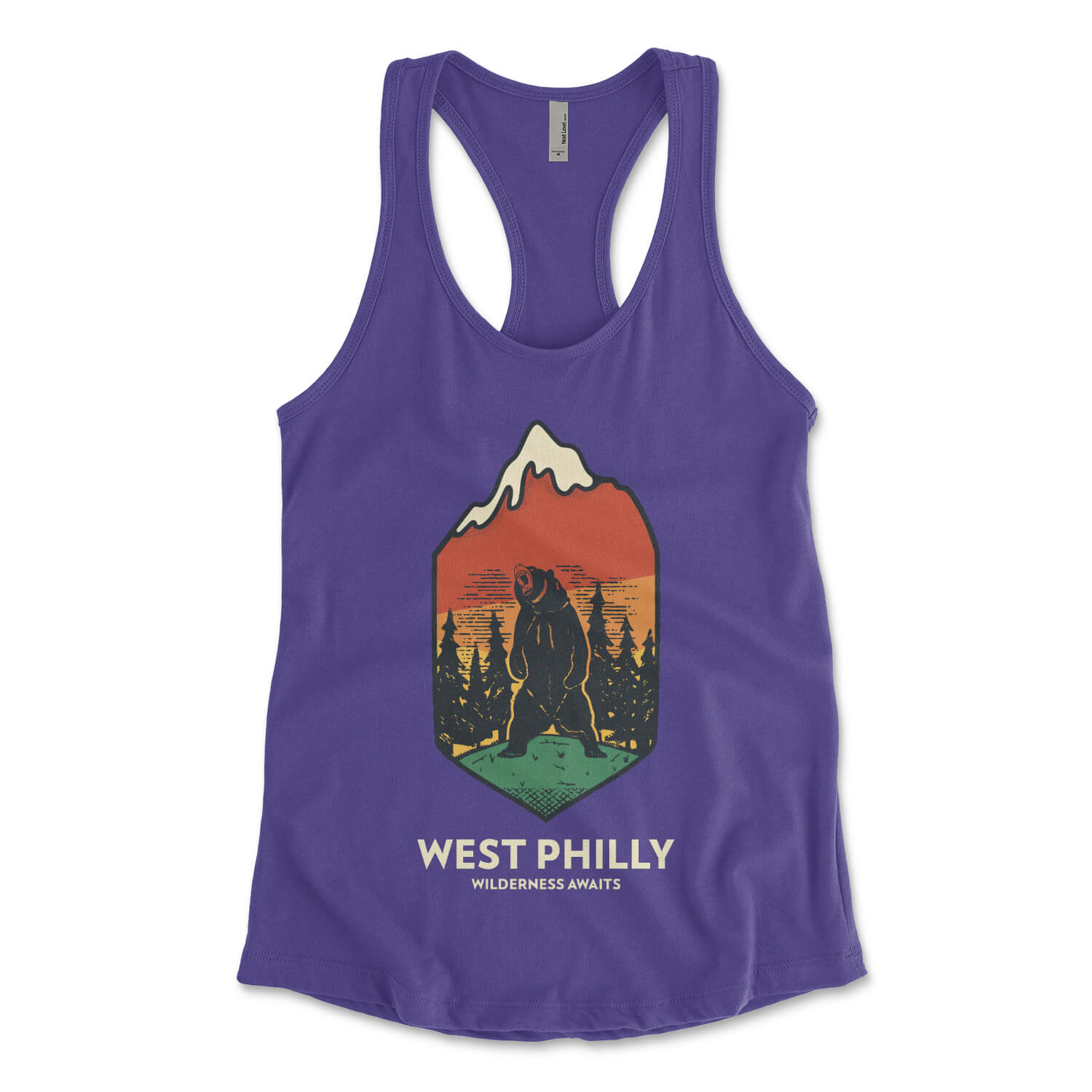 West Philadelphia wilderness awaits bear in the west philly wild on a womens purple racerback tank top from Phillygoat