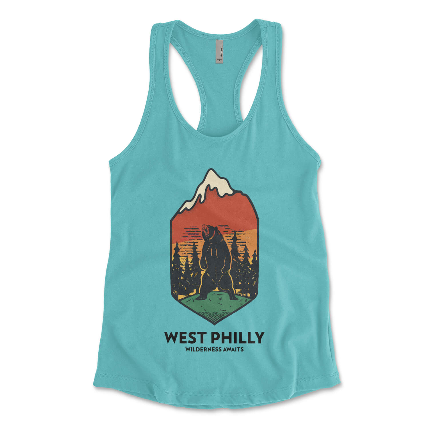 West Philadelphia wilderness awaits bear in the west philly wild on a womens tahiti blue racerback tank top from Phillygoat