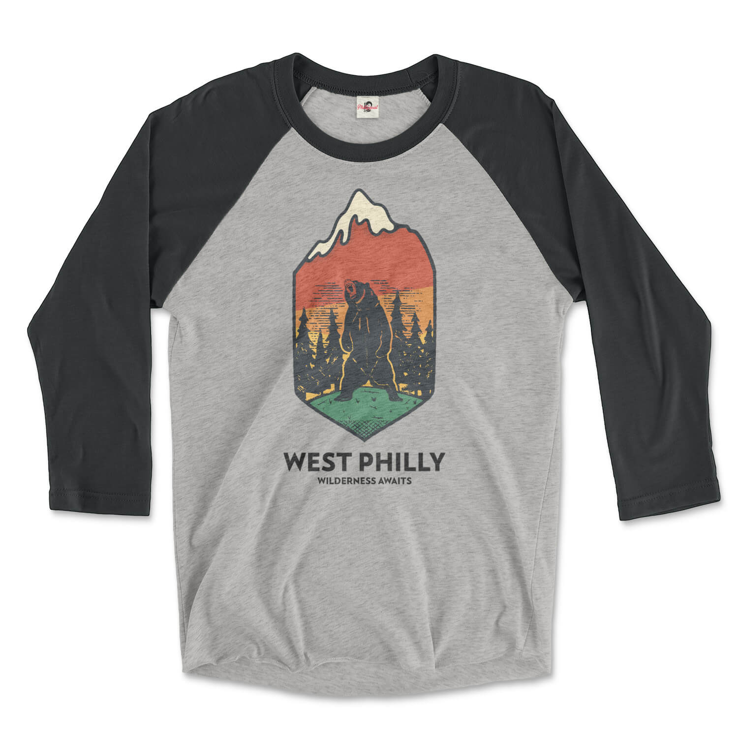 west philadelphia ironic philly wilderness awaits design of bear mountains and trees on a vintage black and premium heather grey 3/4 long sleeve raglan tee from phillygoat