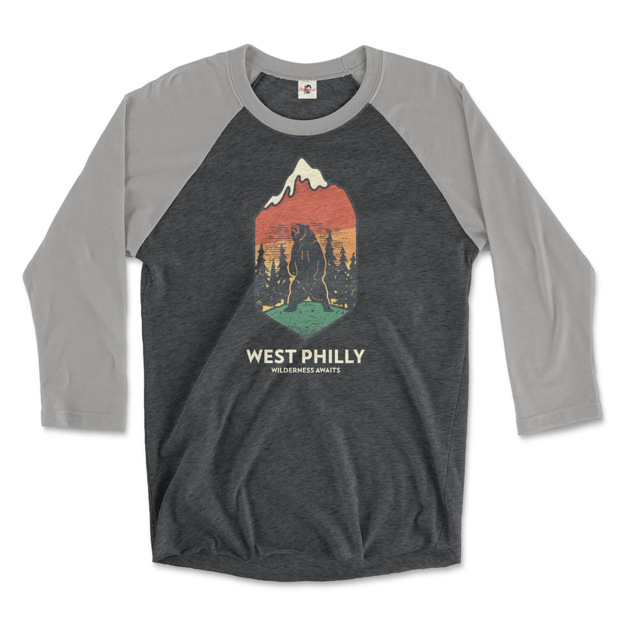 west philadelphia ironic philly wilderness awaits design of bear mountains and trees on a premium heather grey and vintage black 3/4 long sleeve raglan tee from phillygoat